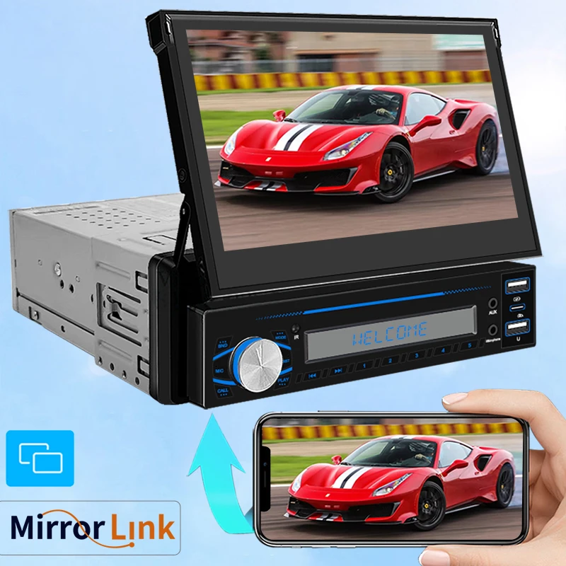 1 DIN 7 Inch Automatic Retractable Display Car Radio Android Auto Bluetooth  Carplay Navigation FM Folding Screen Car Radio