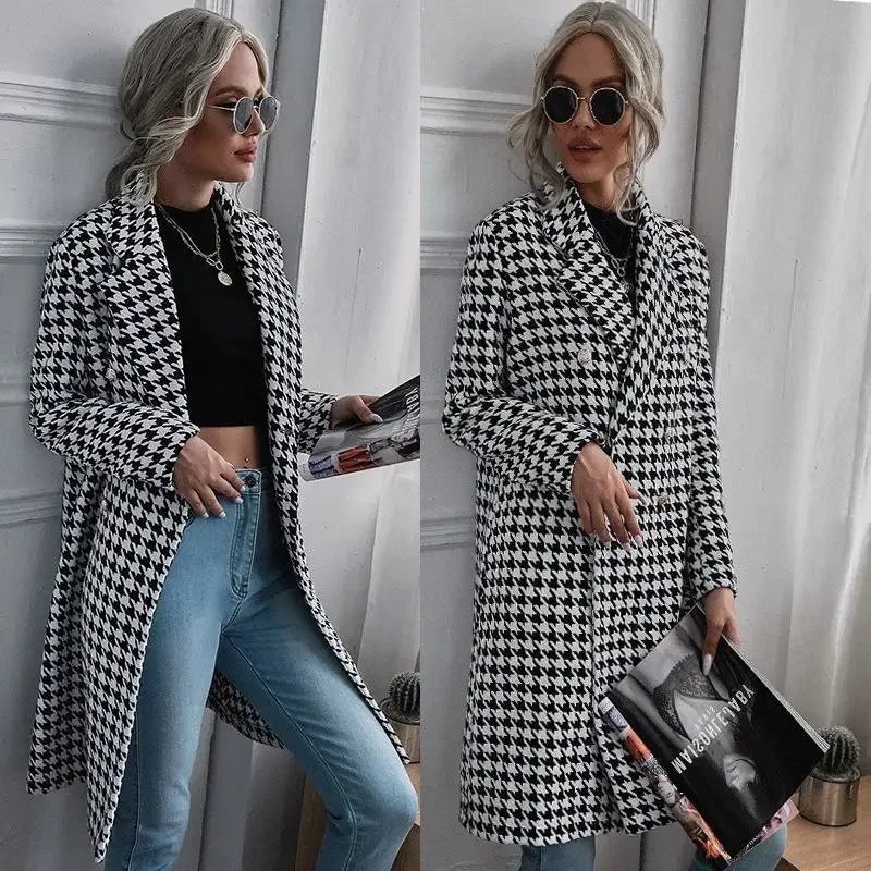 

Vintage Tweed Plaid Women's Trench Autumn/Winter Bird Check Jacket Fashion Snowsuit New Female Clothing Long Sleeve Loose Coats