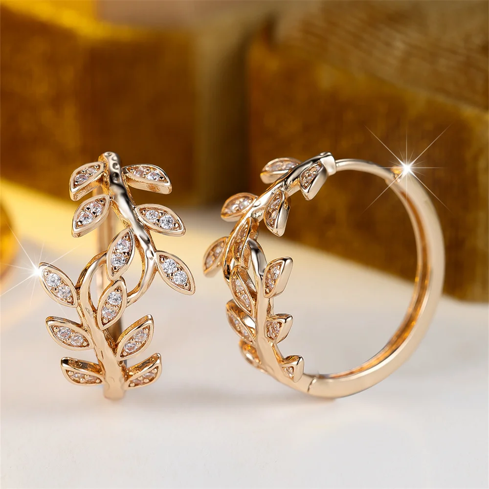 Trendy White Zircon Marquise Tree Leaf Hoop Earrings For Women Vintage Gold Color Ear Buckle Wedding Jewelry Engagement Gifts