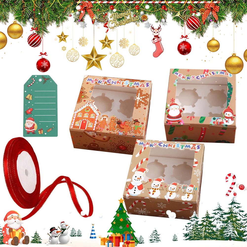 24PCS Santa Claus Gift Paper Boxes with Ribbon & Card Lovely Santa Gift Box Clear Window Packaging Box for Christmas Decorations