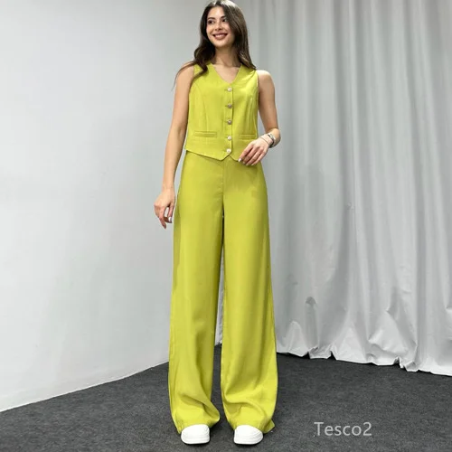 Tesco Spring Summer Women's Pants Sets Solid Sleeveless Vest High Waist Leg Pants 2 Piece Female Casual Outfits Office Sets