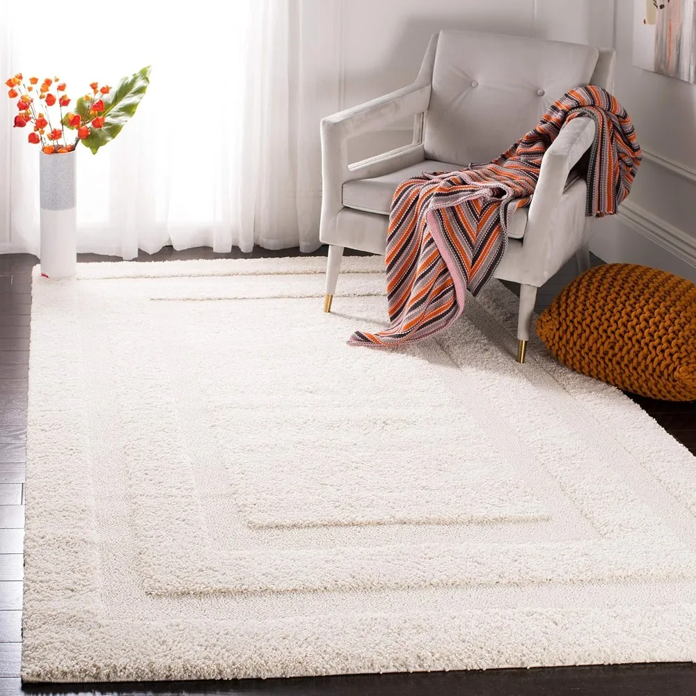 

Shag Collection Area Rug - 8' x 10', Creme & Creme, Border Design, Non-Shedding & Easy Care, 1.2-inch Thick Ideal,Home Textile