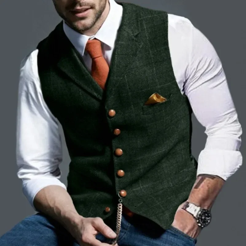 Dress Vests Men's Retro Suit Vest Fashion Plaid Lapel Single-breasted Waistcoat with Pocket Business Casual Formal Vest Tops Men's Clothing