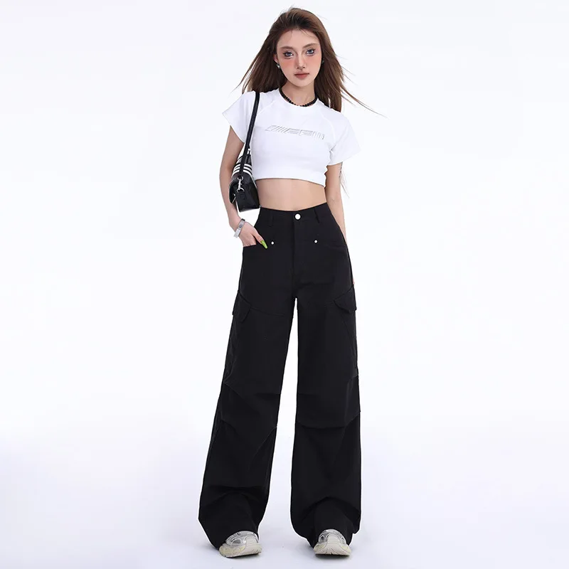 Denim Planet Wide Leg Workwear Pants for Women's Summer New Straight Tube Loose High Waist Slimming Pocket Niche Casual Pants