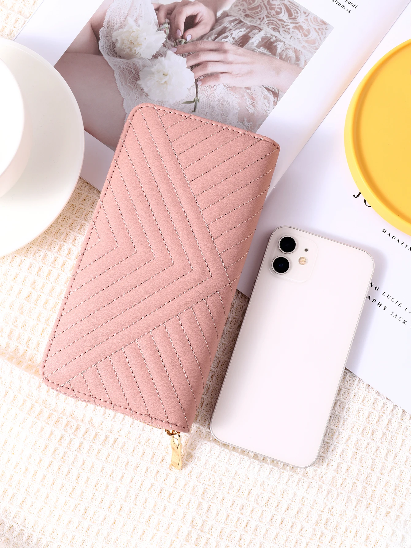 New fashion solid color PU wallet girls zipper print clutch bag temperament simple sewing line coin purse 3