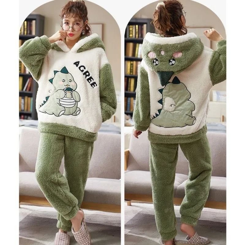 2023 Women's Flannel Pajamas Ladies Set Coral Fleece Student Loungewear Cute Long Sleeve Thick Spring Autumn Winter Homewear