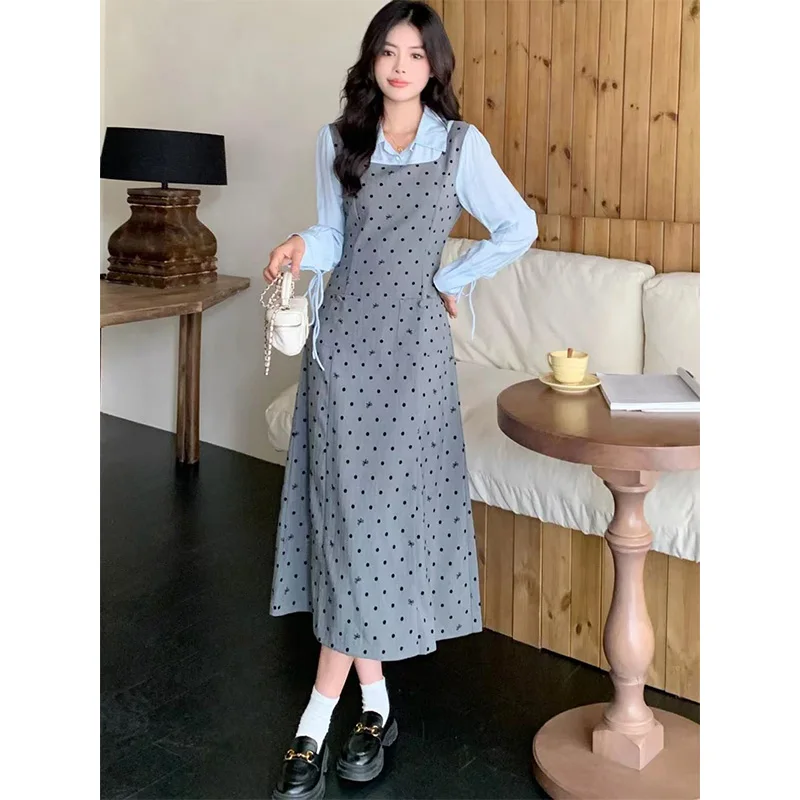 Femme Spring Summer Fashion Trend Polka Dot Solid Color Dresses Women Clothes All-match Fake Two Pieces Appear Thin Casual Dress 3