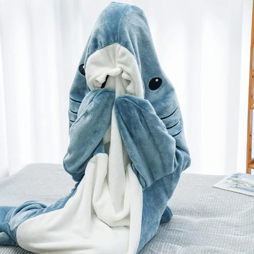 Cute Cartoon Shark Sleeping Bag Flannel Pajamas Office Nap Shark Blanket Soft Comfortable Warm Shawl Blanket For Children A I1I1