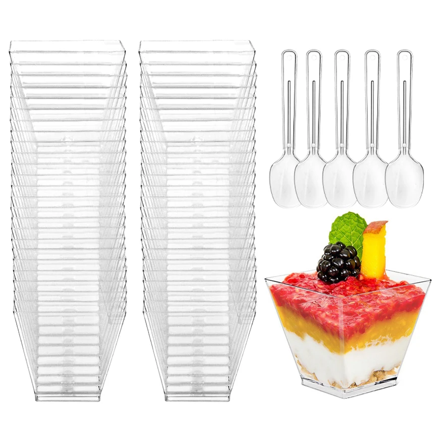50Pcs Square Mini Plastic Dessert Cups with spoons 2oz Clear Desserts Appetizers Ice Cream Plastic Parfait Appetizer Cups