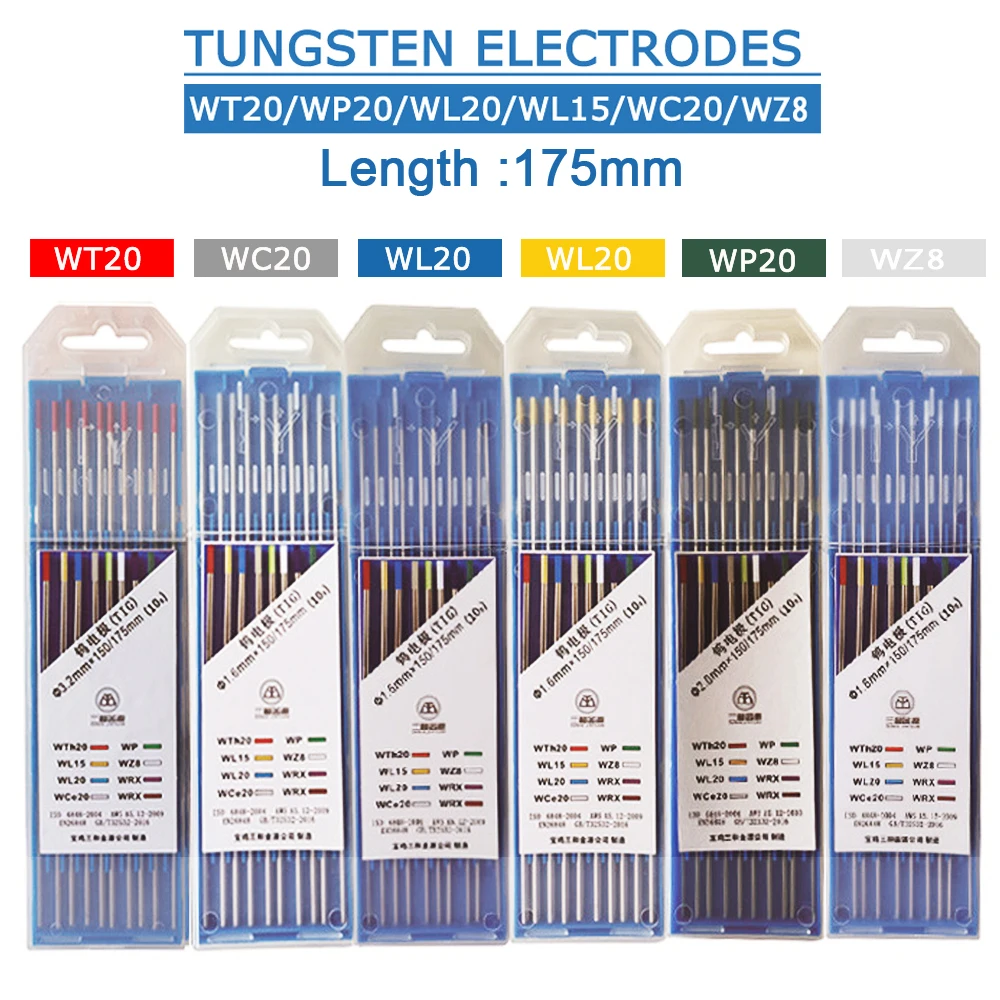 Tungsten Electrodes 175MM TIG Welding Tungsten Electrodes Welder Rods 1.0-4.0mm WT20 WC20 WL20 WL15 WZ8 WP WY20 WR20 E3 for WP26 WP17 WP9 TIG Torch
