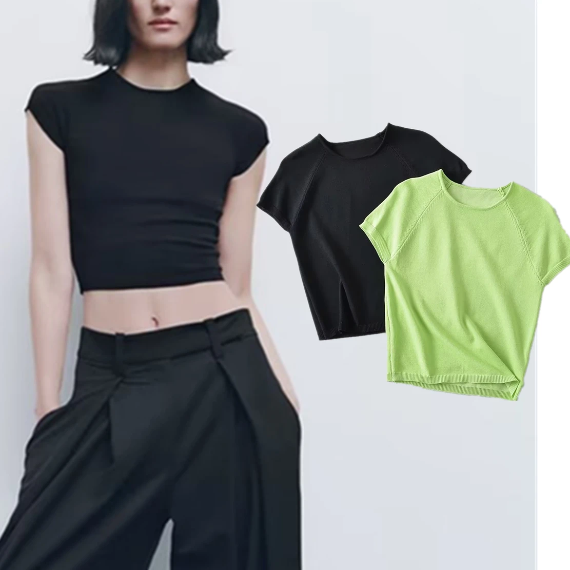 

Elmsk 2023 Summer High Street Fashion Solid Knitted Tops Sexy High Waist Short Sleeve Tshirts Women