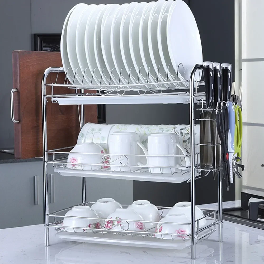 3-Tier Dish Drying Rack Kitchen Storage Shelf with Drain Board