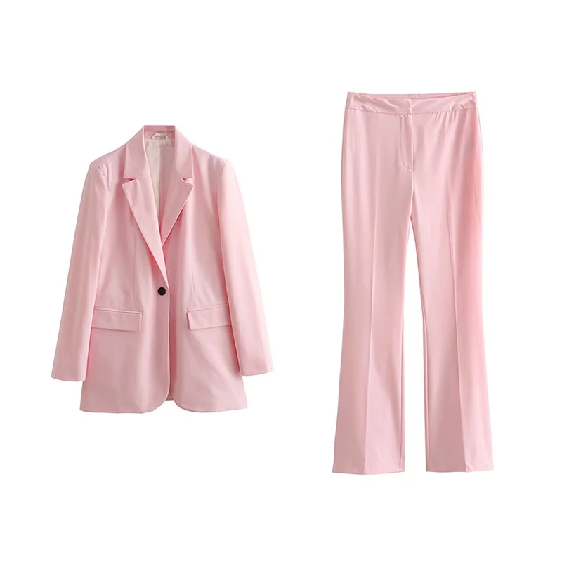 

Woman Sweet Pink Basic Straight Blazer Suit 2023 Autumn Office Ladies Solid Blazers Set Female Chic Flare Pants Matching Suits