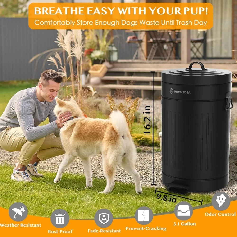 Dog Poop Trash Can Outside Odor Control, 3.1 Gallon Outdoor Trash Can with Lid, Waterproof Pet Waste Disposal Container, Small