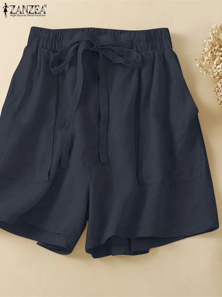ZANZEA Summer Fashion Lace Up Shorts Woman Casual Beach Loose Knee Length Pant Female Elegant Streetwear Elastic Waist Trousers