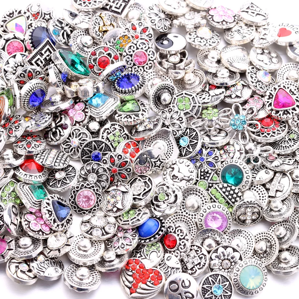 50pcs 12mm Snap Button Jewelry Charms Bracelets Mini Crystal Mixed Flower 12mm Snap Buttons for Earrings Bracelet