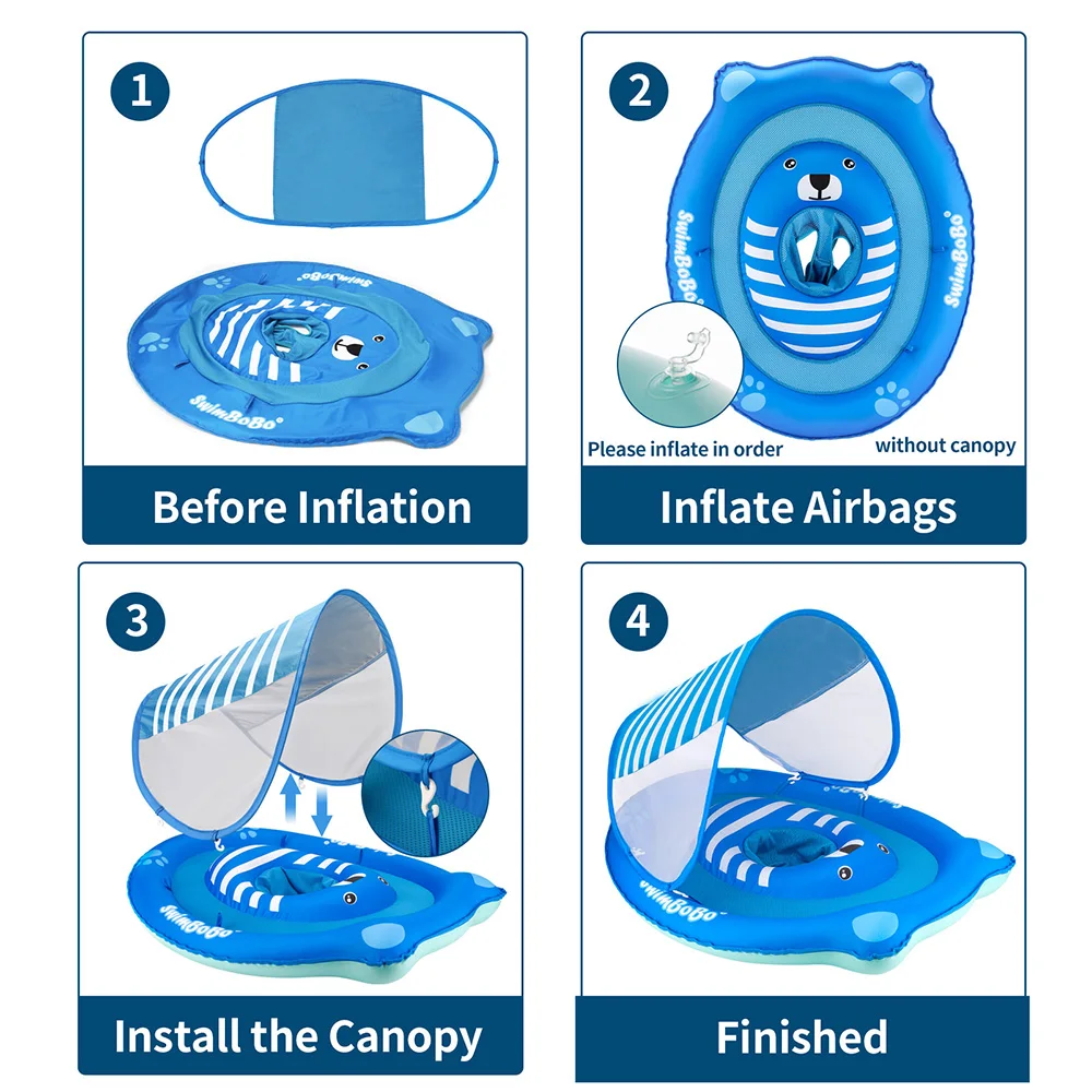 Swimbobo Inflatable Blue Bear Baby Swimming Rings Factory Price Product For Summer Kids Seat float Child Swim ring With Canopy swimming ring swimming pool float swimming float seat