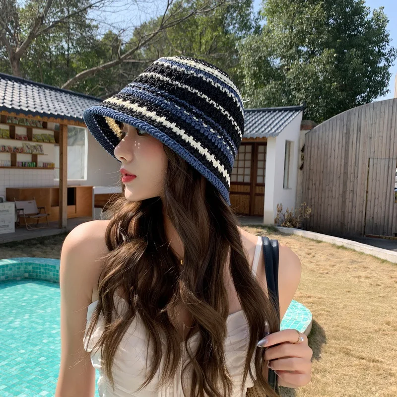 Colorful Stripe Knitted Bowl Hats for Women's Casual Versatile Korean Decoration Foldable Sun Visor Hat Bucket Hat sun hat,bucket hat,women bucket hat,women hat