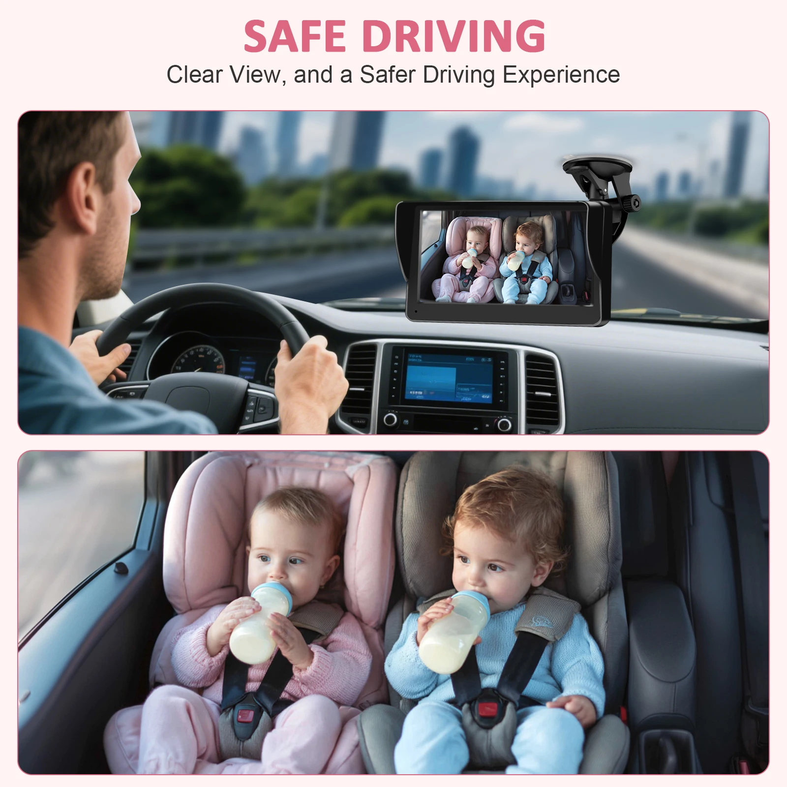 Telecamera per Auto con Doppio Canale e Display HD da 7 Pollici, Visione Notturna IR, Monitoraggio in Tempo Reale, Monitor per Bambini e Animali Domestici da Sedile Posteriore - immagine 2