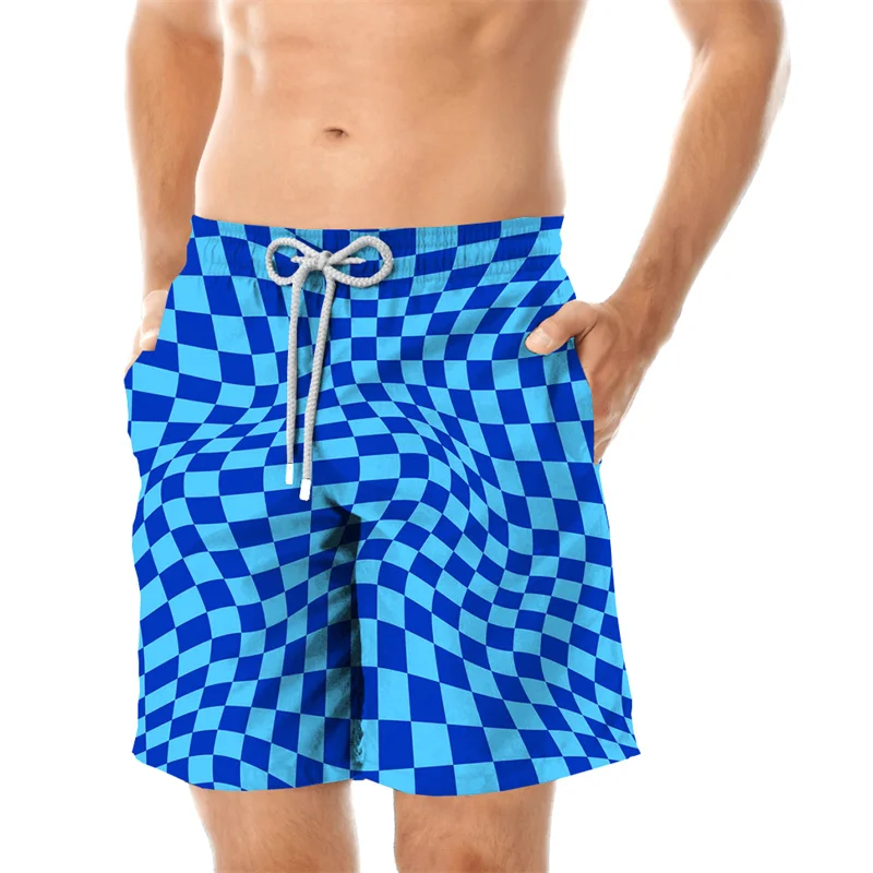 

3D Checkerboard Hawaiian Beach Shorts Men Women New Fashion Fluorescent Color Short Pants Swim Trunk Board Sport Gym Ice Shorts