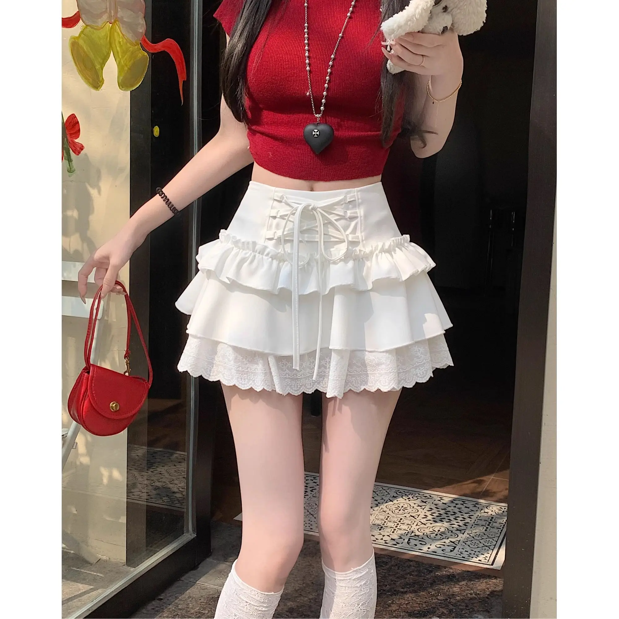 Gray Lace-up A-line Women's Summer Lace Splicing Cake Skirt