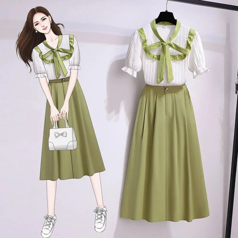 Fashion Women Spring Summer Lace-up Bow-Knot V-Neck Short-Sleeve Loose Chiffon Shirt  High Waist A-Line Skirt Two-Piece Set robey falk and bod kentucky gambler mini lp sleeve 1 cd