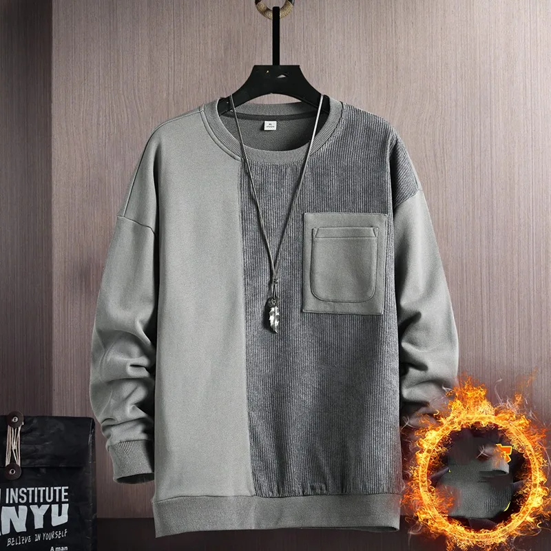 Autumn Winter Men's Solid Round Neck Pullover Flocking Pockets Casual Sports Hoodies Lantern Long Sleeve Screw Thread Tops