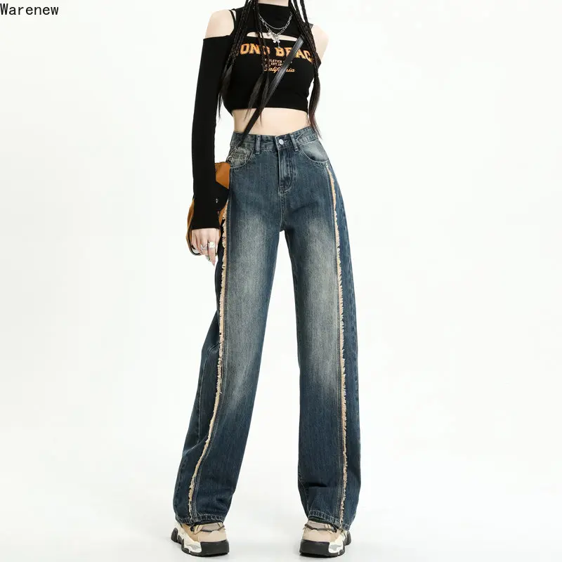 

Women's Harajuku High Waist Vintage Loose Jeans Pants Streetwear Style 2023 Spring Summer Y2K Wide Leg Burr Edge Denim Trouser
