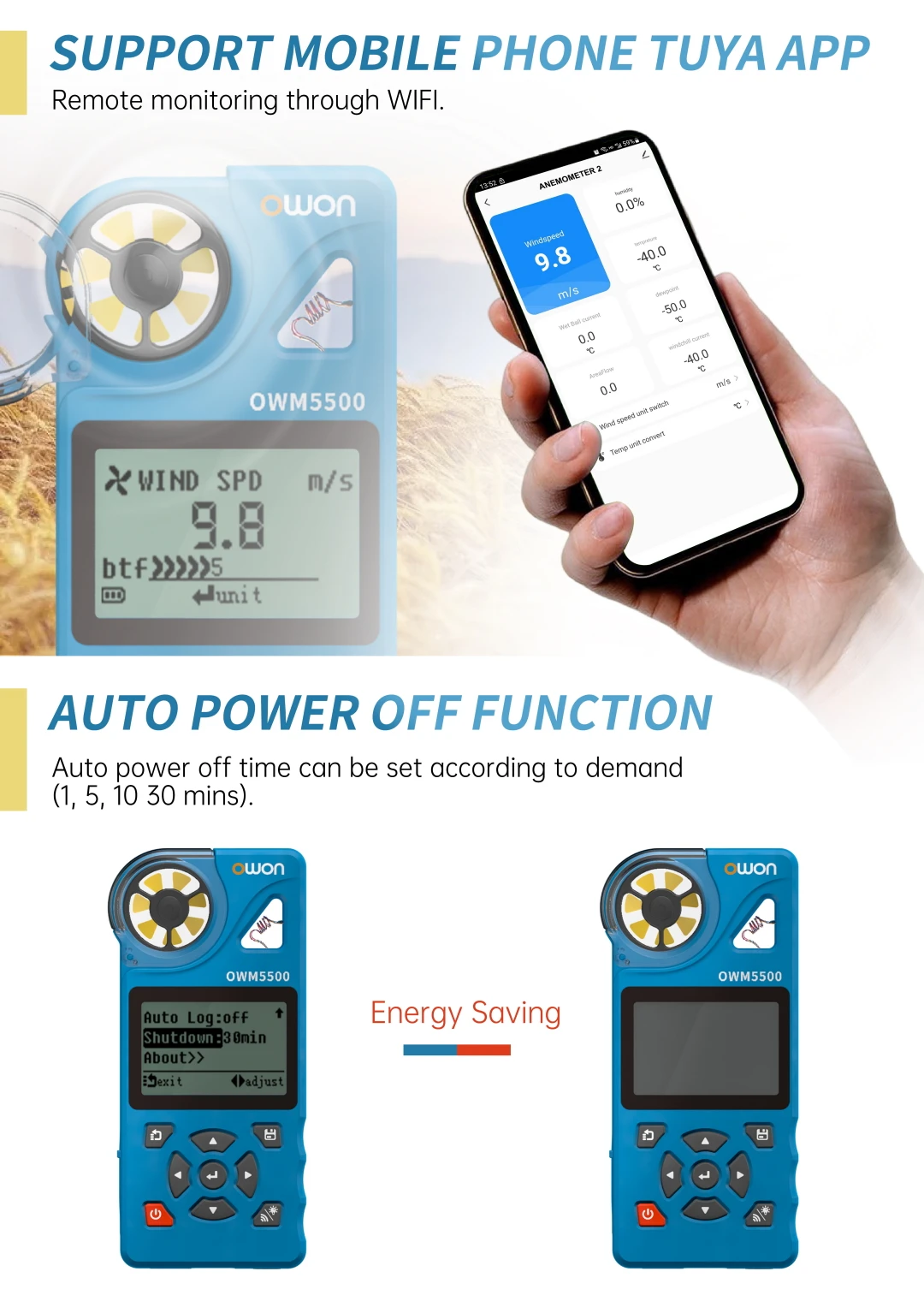 OWM5500 Digital Anemometer, 7-in-1 With 8000 Aata Memory, 7 Measurement Modes, T