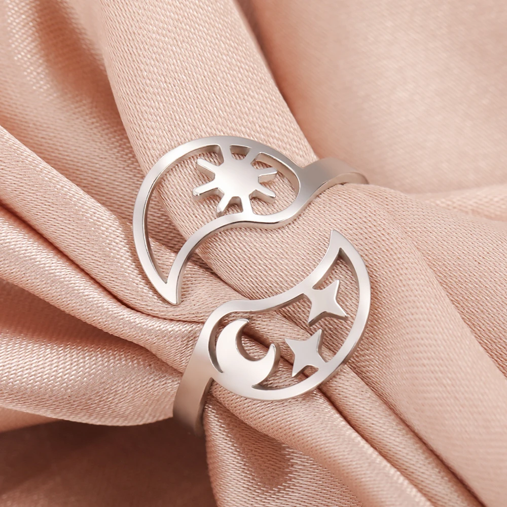 Dawapara Tai Chi Yin Yang Ring Sonne Mond Sterne Delphin Verstellbarer Ring Böhmischer Edelstahl Wicca Schmuck