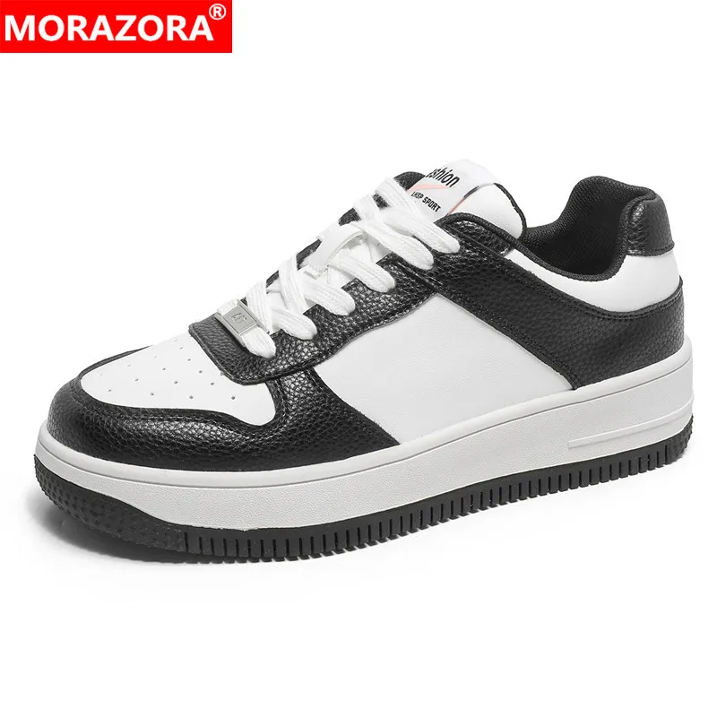 

MORAZORA Size 35-40 New Leather Platform Flats Lace Up White Pink Women's Sneakers Ladies Breathable Casual Shoes