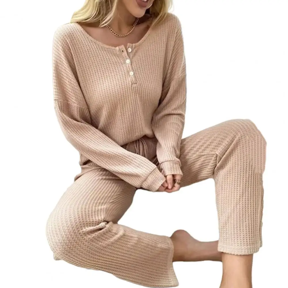 

Breathable Waffle Suit Women's Solid Color Waffle Texture Pajama Set Comfy O-neck Tops Elastic Waist Wide Leg Pants Casual