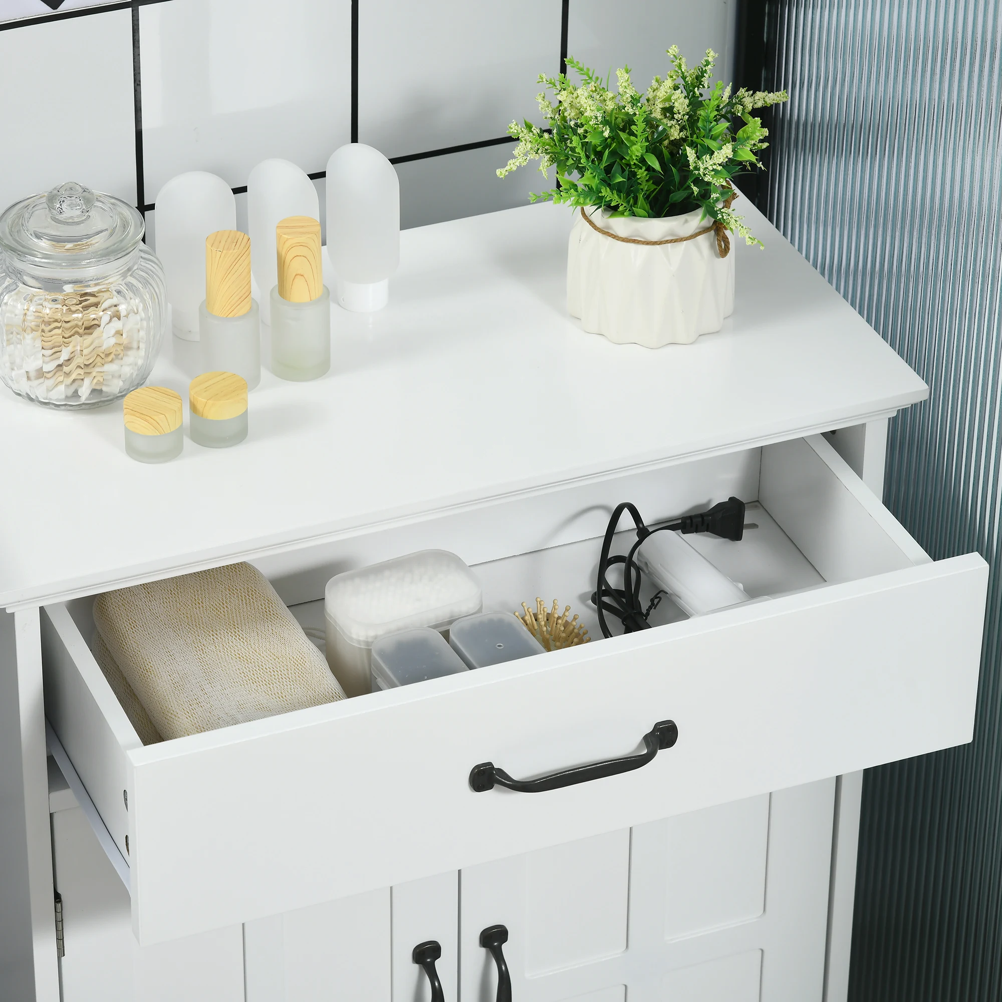 Kleankin Freestanding Bathroom Cabinet, Farmhouse Small Storage Cabinet with Storage Drawer, 2 Doors, Narrow Floor Cabinet, White 6