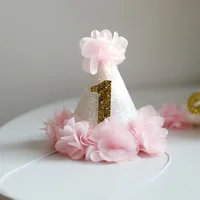 Fille rose fleur Chic 1er anniversaire chapeau blanc paillettes chapeau de fête 1 2 3 ans bandeau gâteau Smash casquette de fête animaux chapeaux d'anniversaire 2
