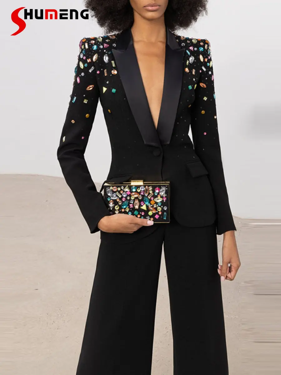 

High-End Heavy Industry Beads Colorful Diamond Slim Fit Blazer Coat Spring High Waist Black Trousers Suit Women Two-Piece Sets