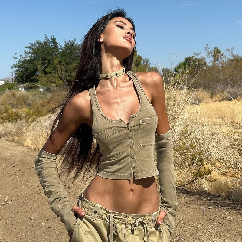 

2023 Autumn Safari Style Knitted Tank Top Pocket Panel Short Top with Sleeves for Women