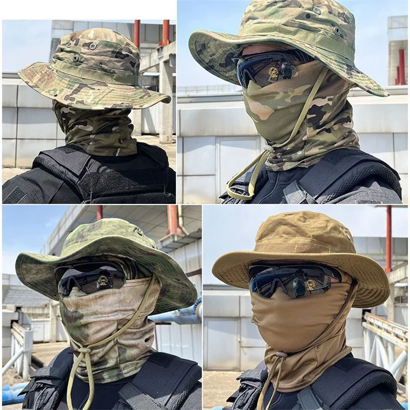 New Camo Enthusiasts Square Pocket Bonnie Cap Benny Hats Fishing Hiking Outdoor Sun Caps With Neck Scarf