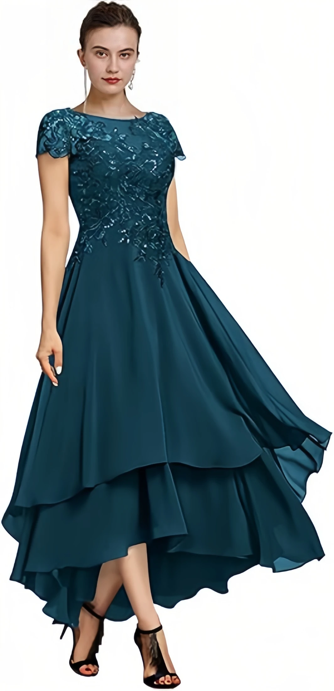 Mother Bride Dresses TXxuelian Lace Wedding Short Sleeve Ruffle Chiffon Evening Gown Tea Length Women Formal
