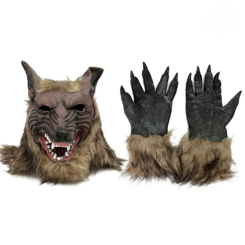 

Halloween Terror Decor Latex Rubber Wolf Head Hair Mask Werewolf Gloves Costume Party Scary Decor