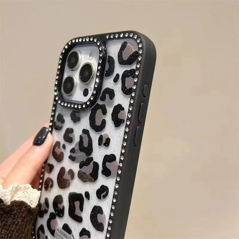 Double Sided Diamond Inlaid Frame Acrylic Hard Cover Leopard Print Plain Case for iPhone 17 Air 16 15 14 Plus 13 12 11 Pro Max 2