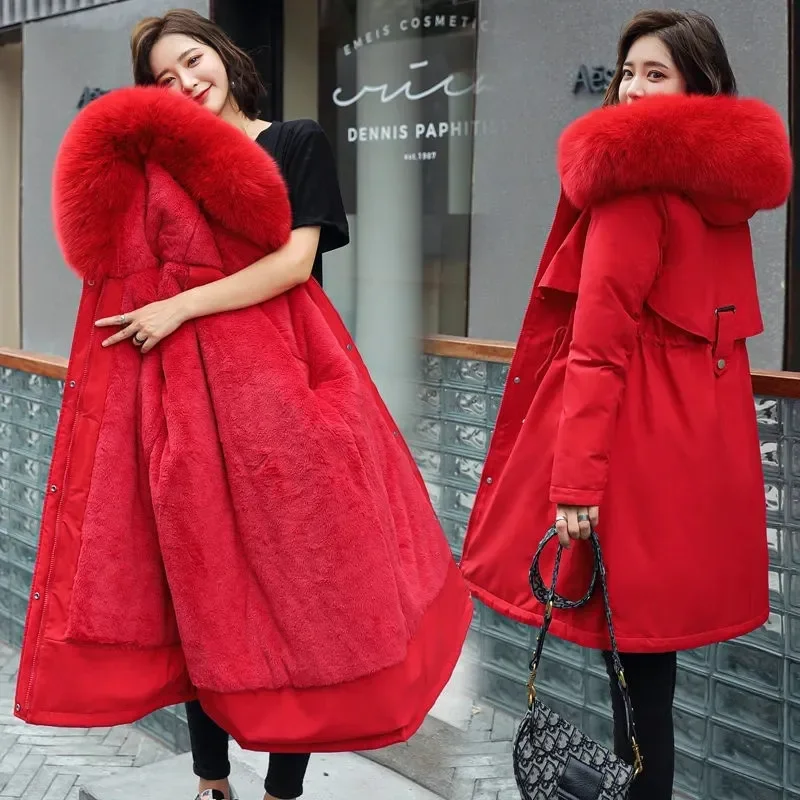 

Winter Jacket 2023 New Women Parka Clothes Long Coat Wool Liner Hooded Fur Collar Thick Warm Snow Wear Padded 6XL