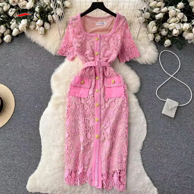 

Luxury Women Hollow Out Embroidery Lace Dress Elegant Female Small Fragrance Bold Buttons Shirts Dresses Party Vestidos