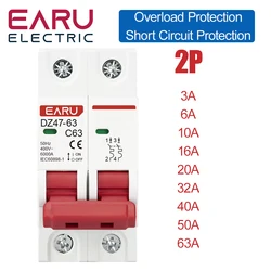 2 Pole C Type Mini Circuit Breaker, 400V~, Multiple Amp Options, 35mm Din Rail, 6KA Capacity for 63A