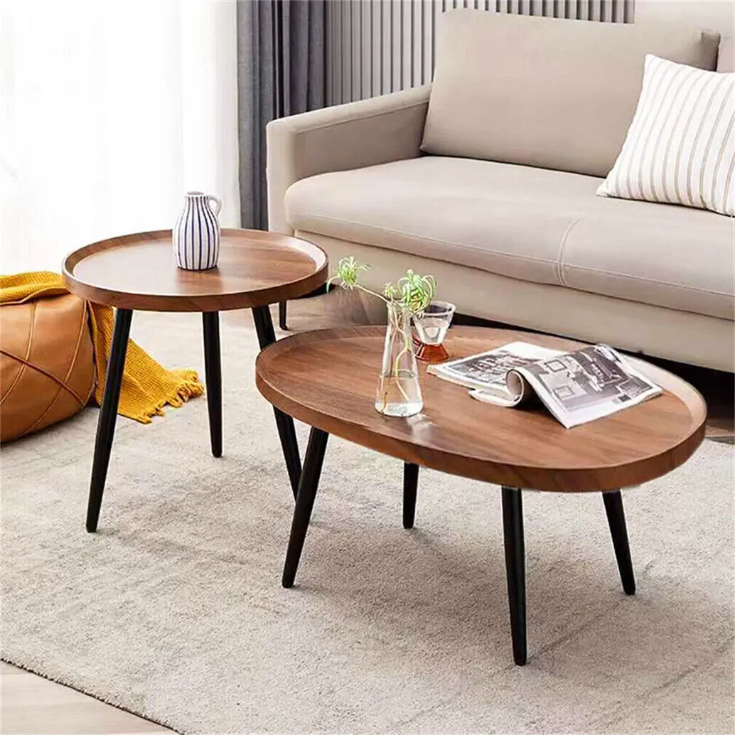 LUVODI Small Irregular Drop-Shaped Coffee Table Set Solid Wooden 2-in-1 Sofa Side End Table with Triangle Legs for Living Room — view 2