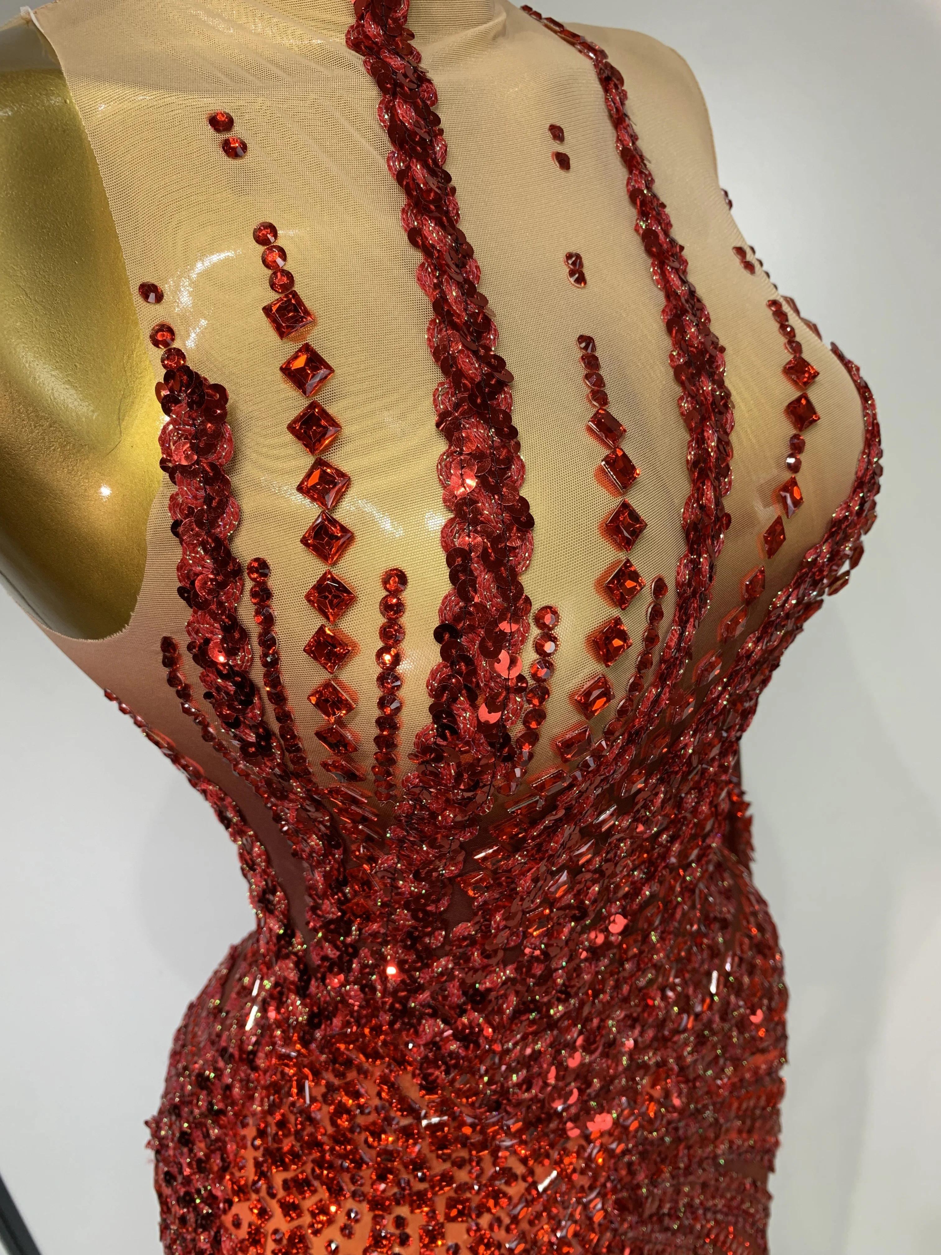 Sexy Red Mesh See Through Diamonds Sequins Dress Luxury Birthday Evening Party Costume Bar Nightclub Stage Performance Outfit