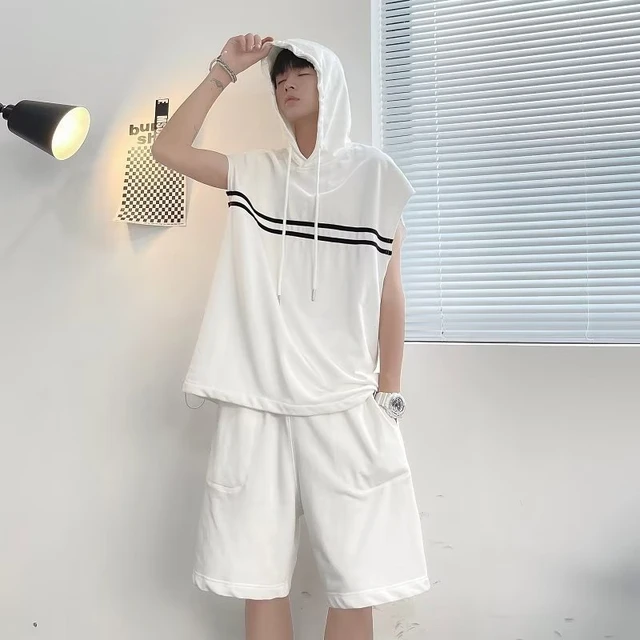 Summer Men's Sports Suit New Korean High Street Fashion Vest Shorts  Two-piece Set Men Hoodie