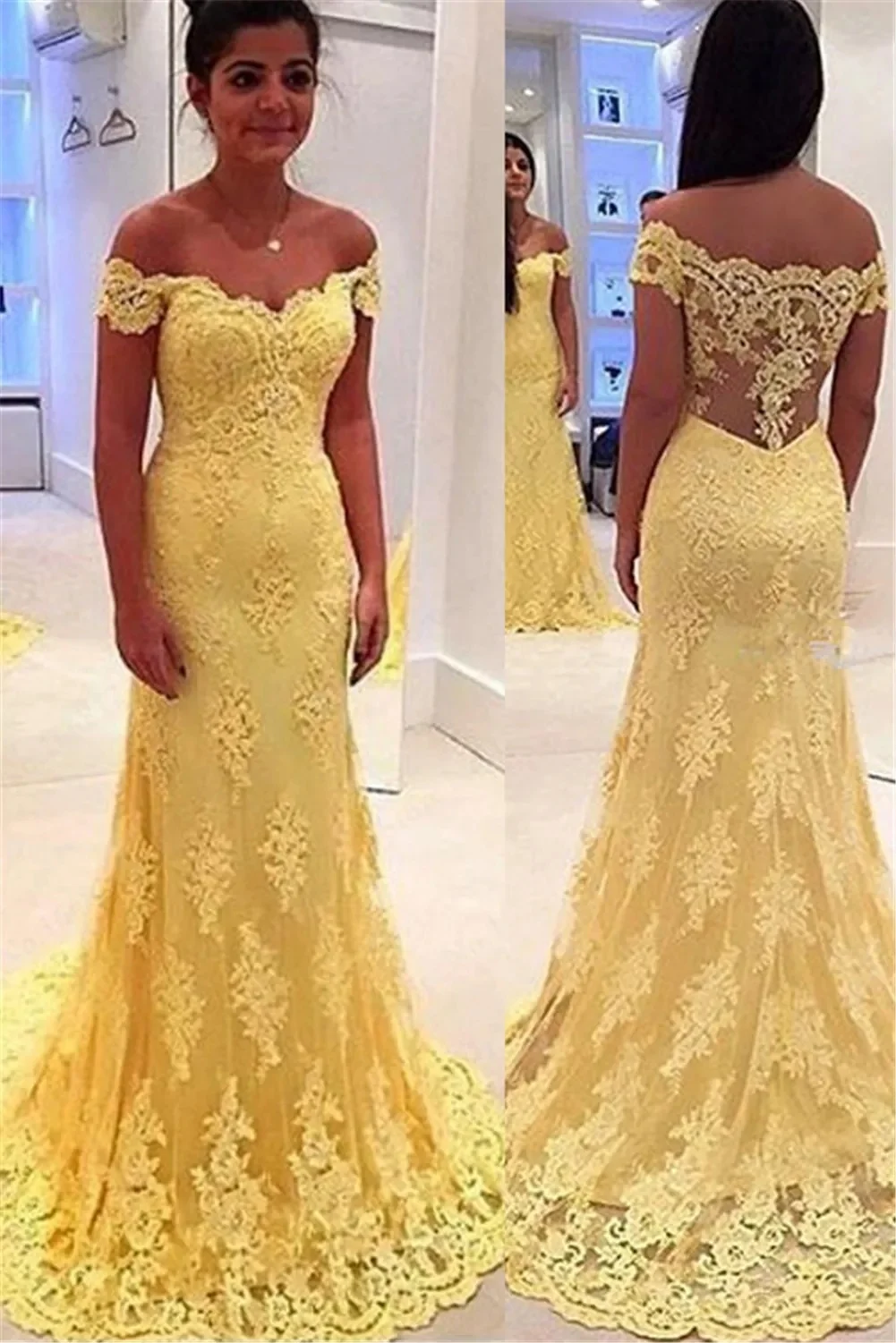 

Custom Wedding Party Dress Illusion Back Light Yellow Lace Appliques Bride Evening Dress Off-Shoulder Mermaid Bridesmaid dresses