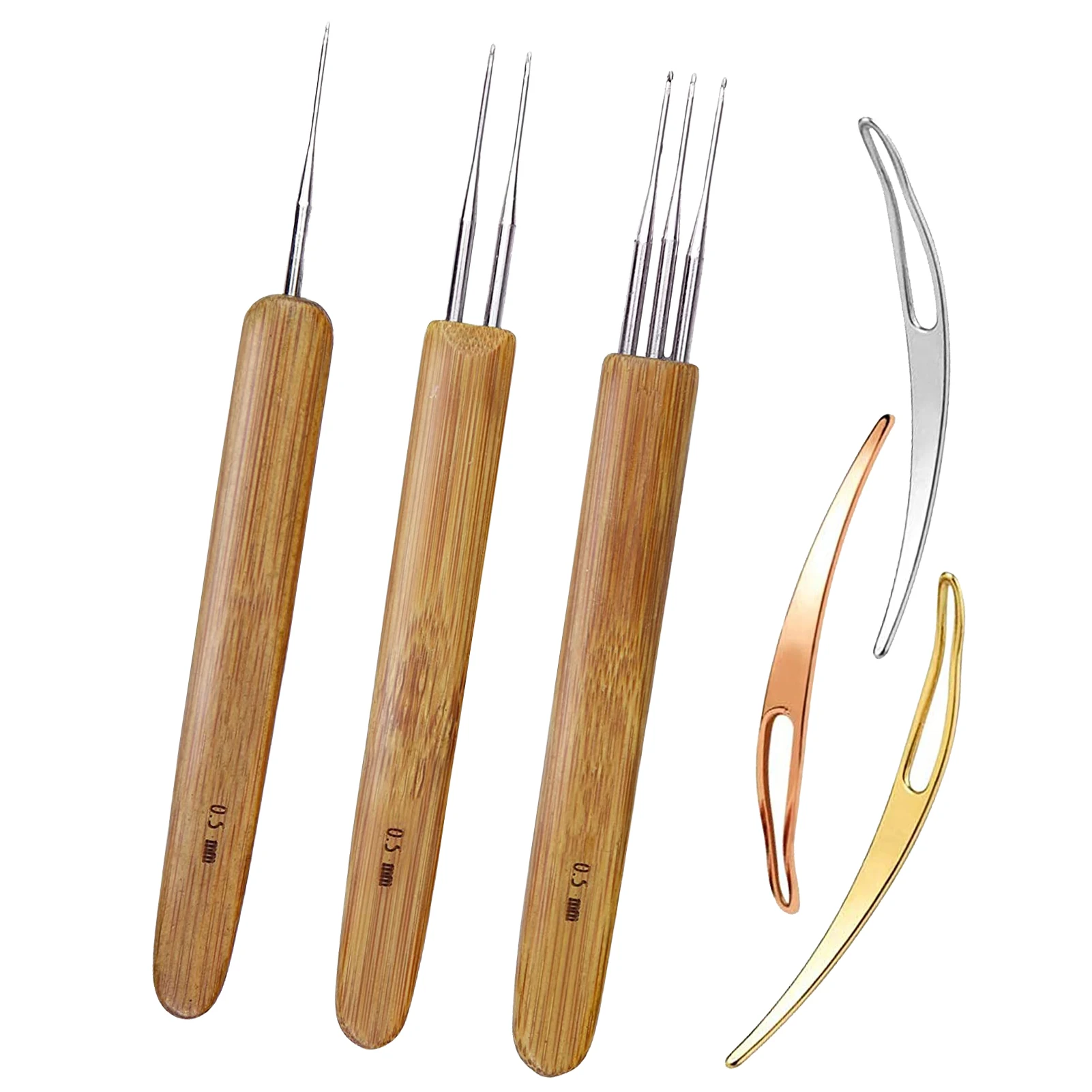 3 pezzi aghi gancio per capelli - gancio serrature per dreadlocks, chiusura per capelli, fai da te Braid Craft, manico in bambù, stili vari, acciaio inossidabile, leggero e durevole