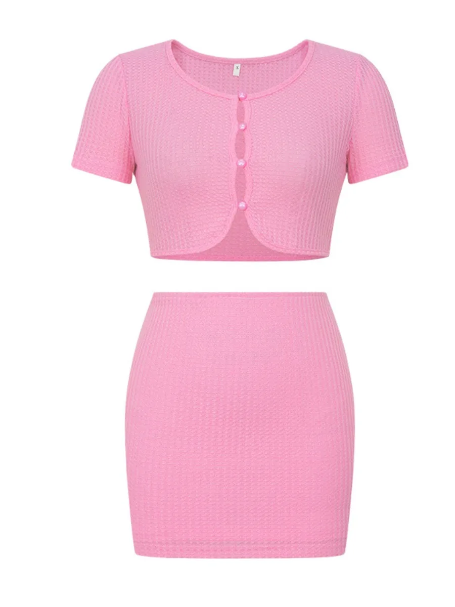LW Crop Top Button Design +mini Skirt Set Summer Girl Solid Color Skirt Set Casual Pink Two 2 Piece Sets Bodycon Women Outfit