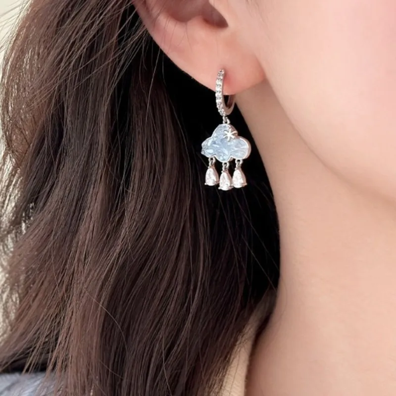 Cute Fashion Blue Zircon Cloud Pendant Hoop Earring for Women Water Drop Huggie Y2K Party Jewelry Accessories